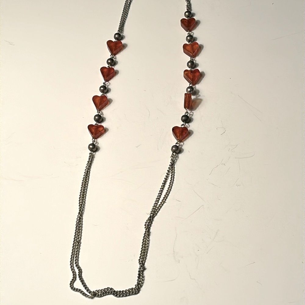 Vintage Baltic Amber Hearts Silver Tone Chain Necklace